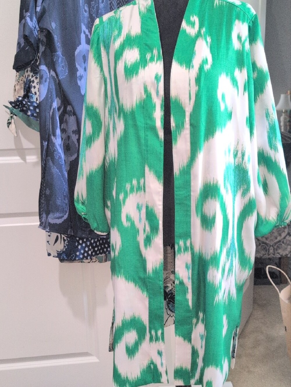 NWOT Green & White Ikat Reversible Duster Kimono